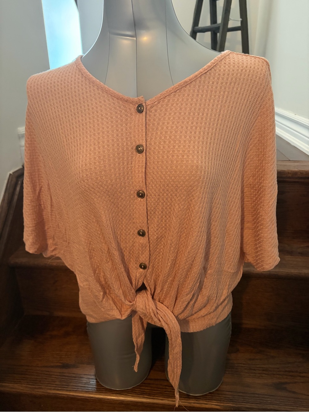 Cozy Casual Peach Tie-Front Waffle Knit Crop Top